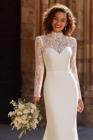 Ivory Mermaid High Neck Lace Appliqued Sweep Train Wedding Dress